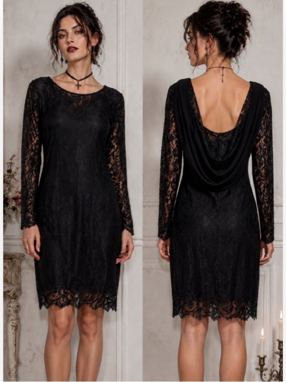 Vintage Black Lace Overlay Open-Back Long Sleeve Dress Romanti Gothic Whimsigoth